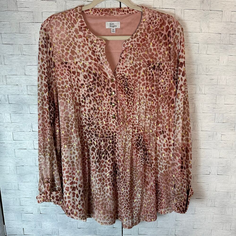 Kim‎ Rogers blouse pink gold animal print bohemian roll tap sleeve plus size ￼